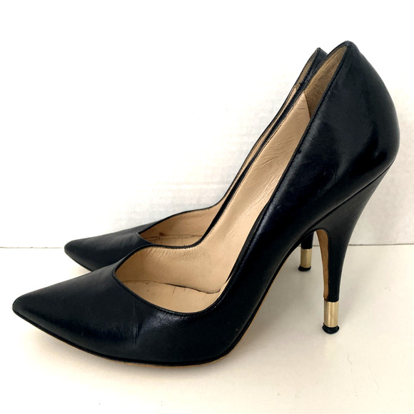 D&G Dolce & Gabanna Black Pump Point Toe Leather Gold Heel Slim 38 - Picture 5 of 9